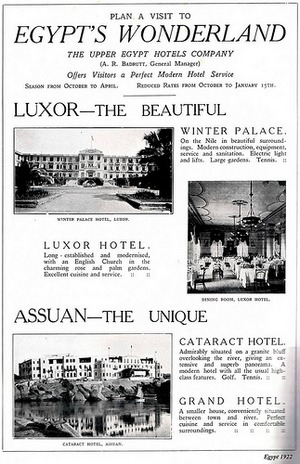 Reproduction d'une publicité d'époque de la " Upper Egypt Hotels Company "pour ses palaces à Louxor et Assouan, dont le Winter Palace, vers 1920