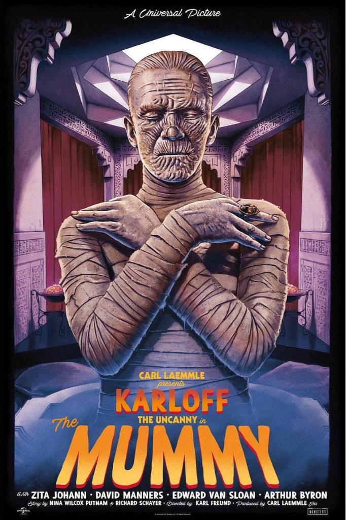 Affiche du film La Momie de 1932 réalisé par Karl Freund, avec Boris Karloff dans le rôle de la momie Imhotep, les yeux clos et les bras croisés sur la poitrine.