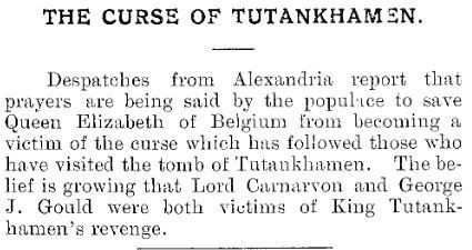 Une du journal The Daily Mail, édition Atlantique, datée du 29 mai 1923, présentant l'article intitulé "The Curse of Tutankhamen" qui évoque la croyance grandissante selon laquelle Lord Carnarvon et George Jay Gould auraient été victimes de la "vengeance du roi Toutankhamon