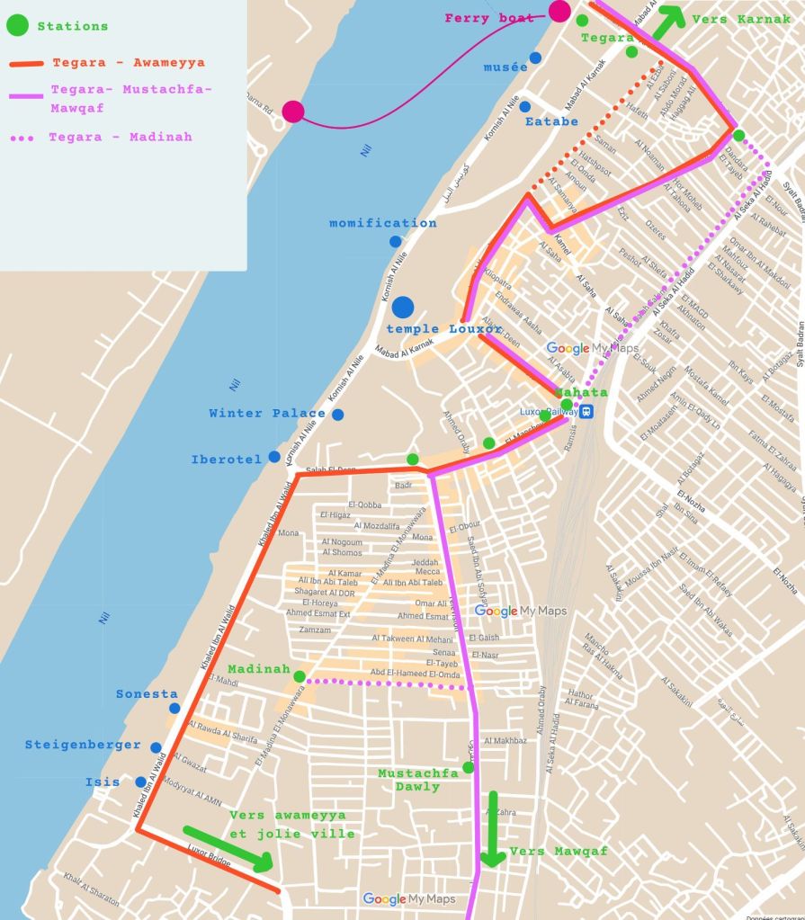 Carte des circuits de minibus à Louxor, guide pratique