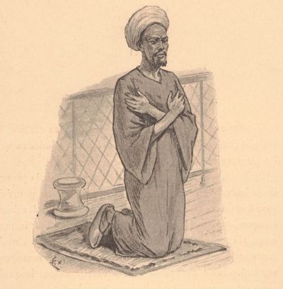 crosières en dahabeya sur le Nil : raïs du XIX ème siècle : illustration d'époque d'un capitaine en train de faire sa prière (livre de Max Boucard)