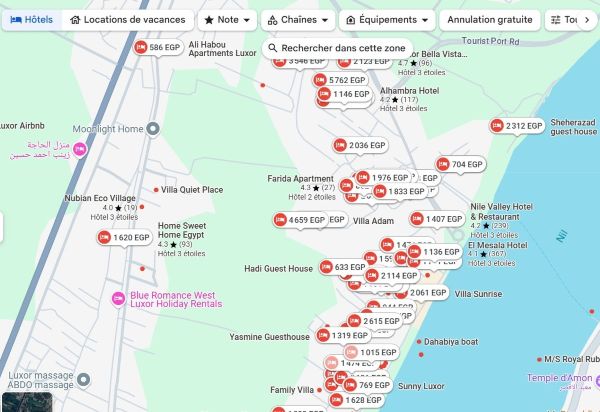 offre  hôtels et hébergements sur la Rive Ouest de Louxor