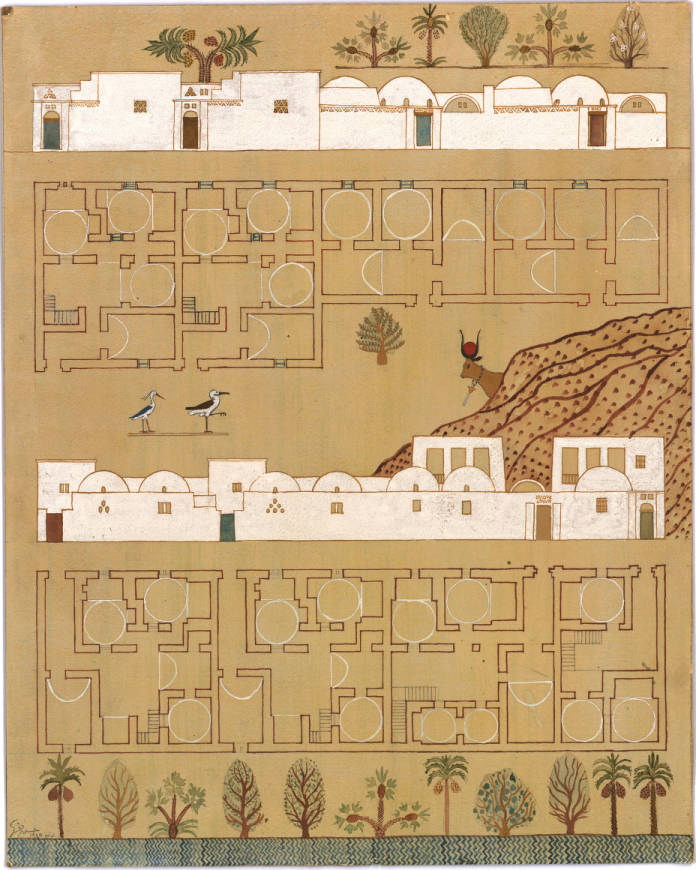 Représentation à la gouache par Hassan Fathy montrant le plan et l'élévation d'une maison type pour le village de Nouvelle Gourna.