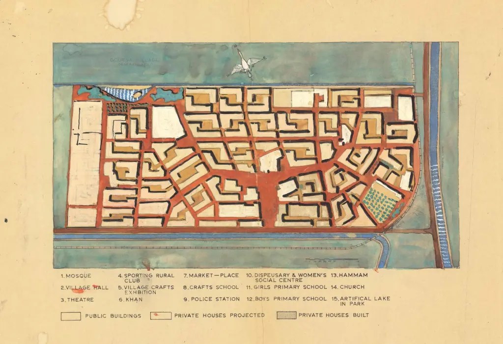 La vision artistique de Hassan Fathy pour Nouvelle Gourna : plan à la gouache illustrant l'utopie architecturale et sociale du village.