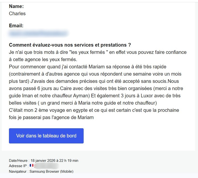 Avis client positif pour l’agence de voyages Alfriend Voyage (Baladdes à Louxor), mentionnant la réactivité de Mariam, la qualité des guides et chauffeurs.