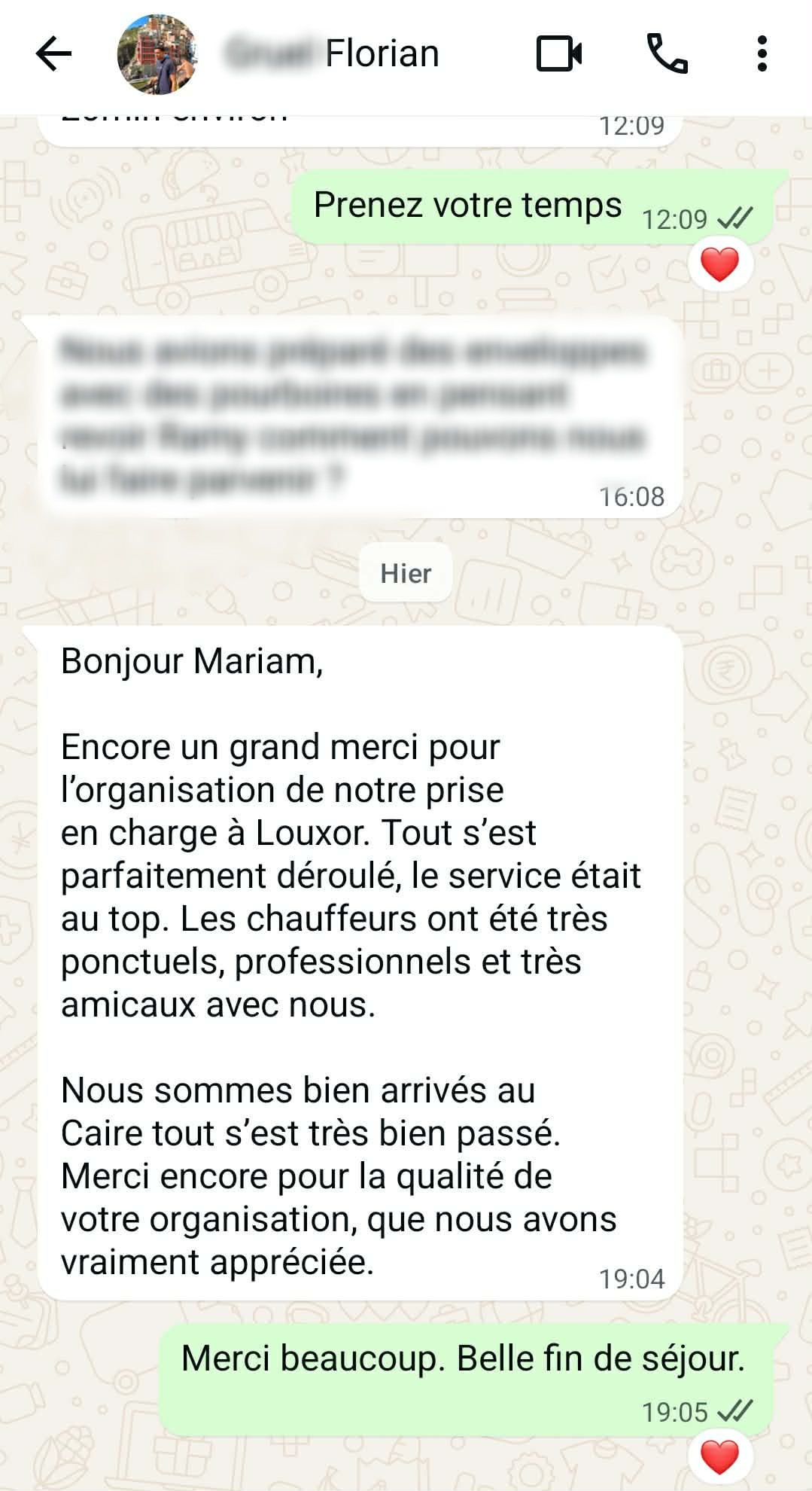 Avis client enthousiaste sur Alfriend Voyage (Balades à Louxor) : un message de remerciement d'un voyageur ravi pour l'organisation parfaite de son séjour