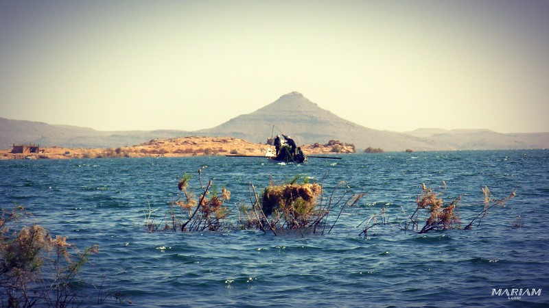 Une barque de pêcheur traditionnelle sur les eaux calmes du lac Nasser, observée depuis le pont d'une croisière en Nubie.