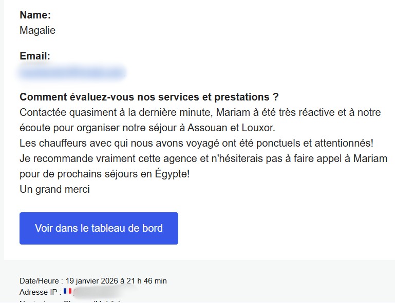 Avis client Magalie - Agence Al Friend Balades à Louxor : Témoignage positif sur l'organisation du séjour à Assouan et Louxor par Mariam, la réactivité de l'agence et la ponctualité des chauffeurs.