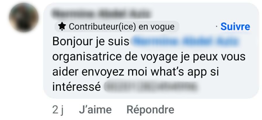 Profils de personnes se présentant comme des organisatrices de voyages "sur mesure" en Égypte, sans mention de licence d'agence de tourisme.