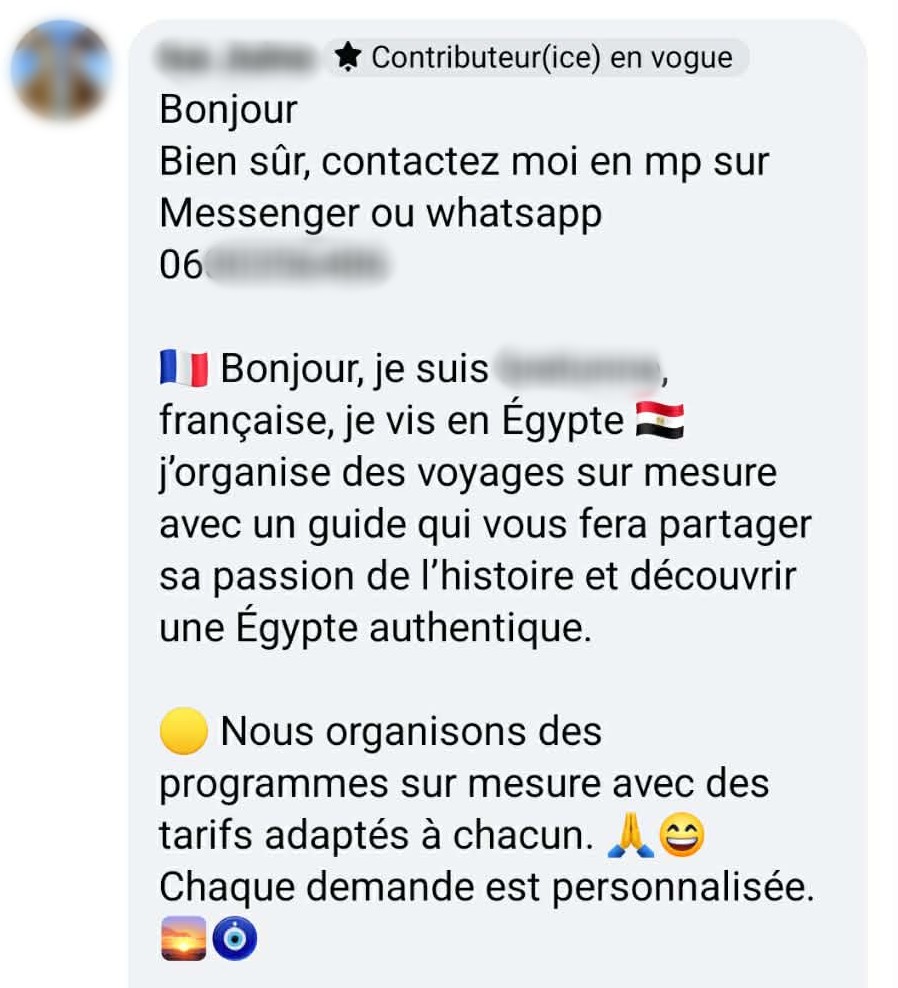 Profils de personnes se présentant comme des organisatrices de voyages "sur mesure" en Égypte, sans mention de licence d'agence de tourisme.