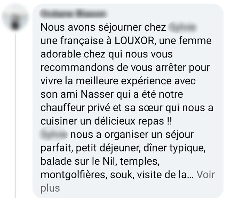 Faux avis détaillé décrivant un séjour complet chez une particulière, incluant hébergement, chauffeur et cuisinière, dans un style narratif familier.