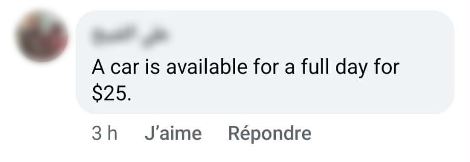 Capture d'écran d'une offre illégale sur les réseaux : un chauffeur privé propose une voiture à 25$ la journée sans aucune mention de licence, d'assurance ou d'agence.