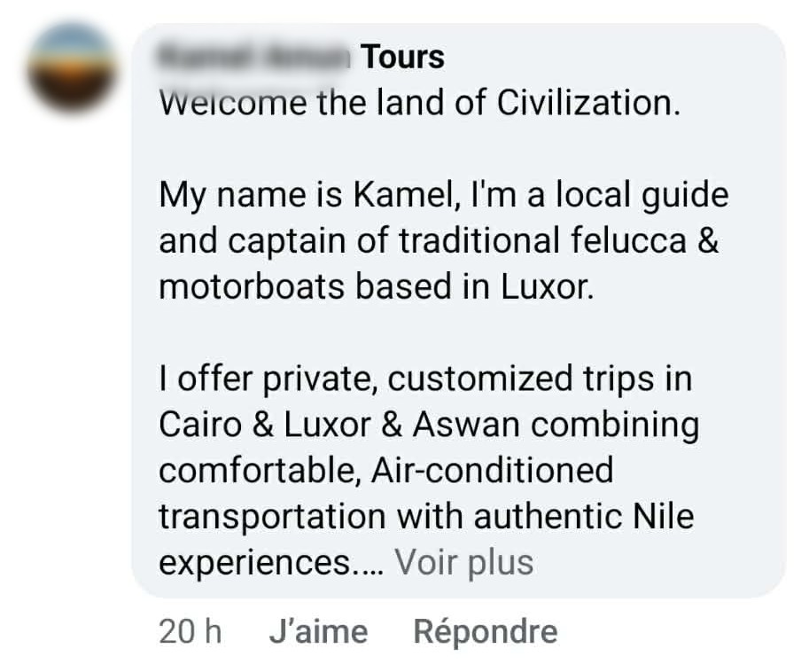 Capture du profil d'un patron de felouque (bateau traditionnel) à Louxor se présentant comme un "guide local" et proposant l'organisation de voyages complets.