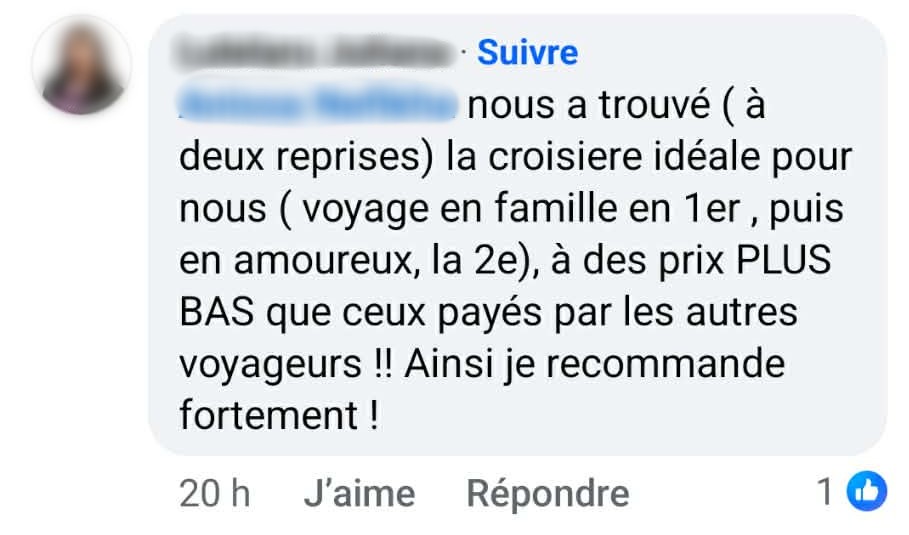 Faux témoignage client vantant des prix "PLUS BAS que les autres voyageurs" obtenus par un intermédiaire non nommé.