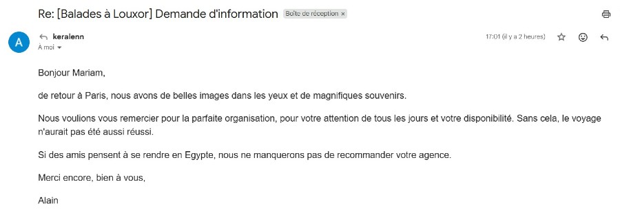 avis voyageur satisfait par agence de voyage Alfriend Voyage à Louxor (Balades à Louxor) - 07 mars 2026