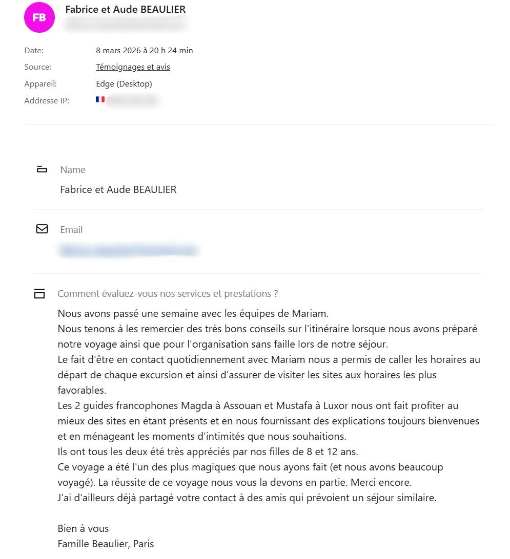 témoignage clients satisfaits et reconnaissants pour l'organisation de leur voyage en Egypte - agence de voyage Alfriend voyage Louxor - mars 2026