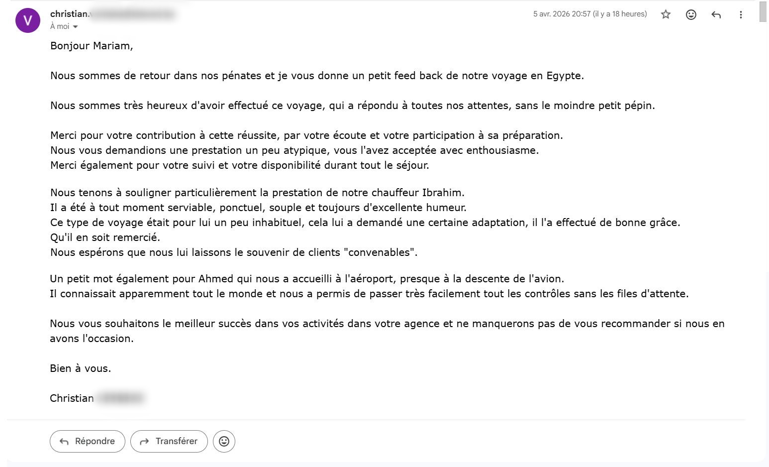remerciement et avis positifs de voyageurs ayant fait appel à l'agence de voyage "Alfriend Voyage" pour un itinéraire très atypique et hors chemins battus