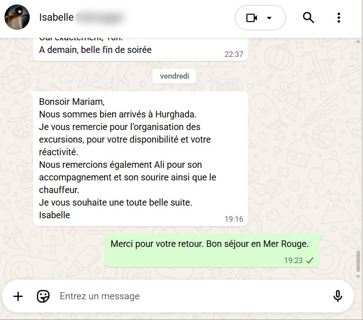 remerciements et avis positifs d'une voyageuse ayant fait appel à l'agence Alfriend Voyage à Louxor : disponibilité et réactivité sont soulignés ainsi que la qualité du guide et du chauffeur