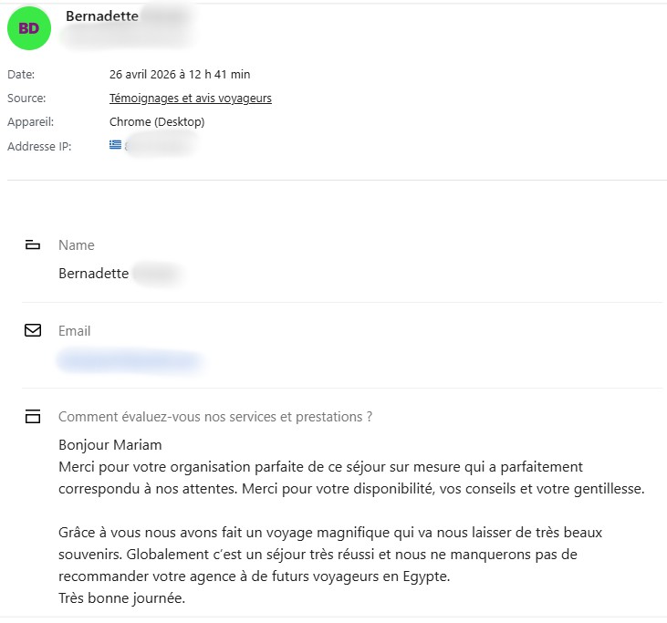 Avis positif d'une voyageuse ayant réservé son voyage en Egypte entièrement avec l'agence locale de voyage Alfriend Voyage.