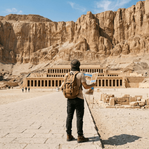 Person with backpack holding a map facing the Temple of Hatshepsut under rocky cliffs