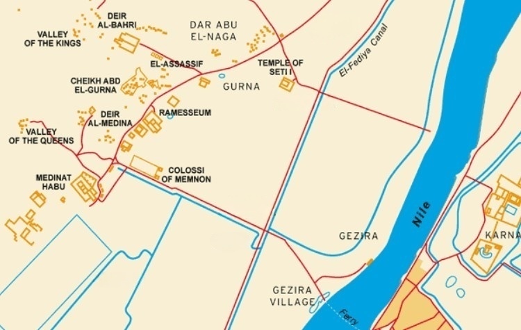 Carte de la rive ouest de Louxor avec la localisation des principaux sites archéologiques : Vallée des Rois, Vallée des Reines, temple d'Hatchepsout, Medinet Habu, Ramesseum, Colosses de Memnon, Deir el-Médineh, Maison Carter.