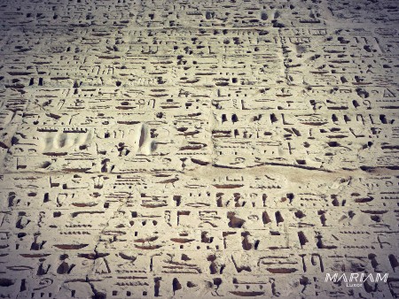 Détail des hiéroglyphes profondément gravés sur les murs du temple de Medinet Habu à Louxor