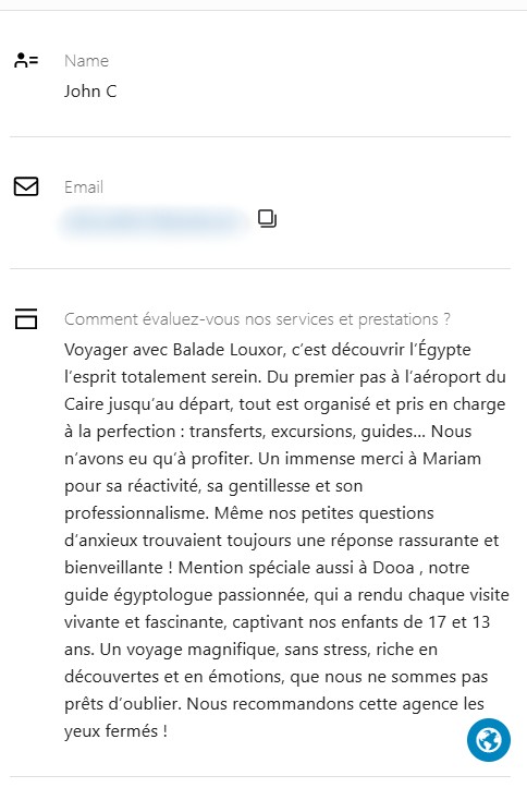 recommandation très positive d'un voyageur ayant fait appel à l'agence de voyage Alfriend Voyage pour l'organisations de son séjour en Egypte fin avril 2026