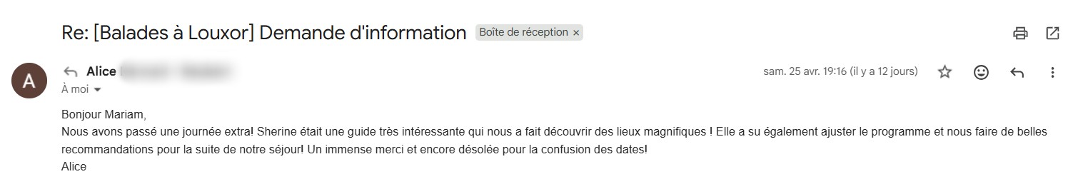 remerciements de la part d'une voyageuse ayant fait appel à nos services pour sa famille pour une journée d'excursions guidées à Louxor avec l'agence ALFRIEND VOYAGE (via le site portail "Balades à Louxor") - avril 2026