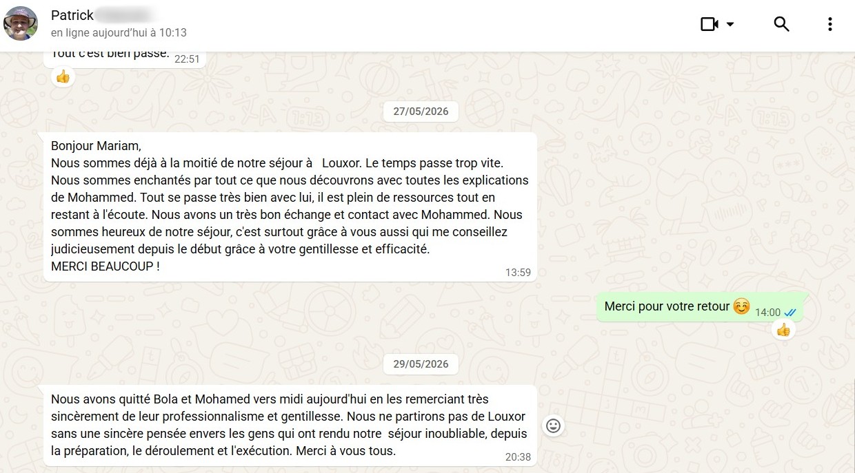 remerciements de voyageurs ayant confié une semaine d'excursions à Louxor à l'agence Alfriend Voyage (site Balades à Louxor)