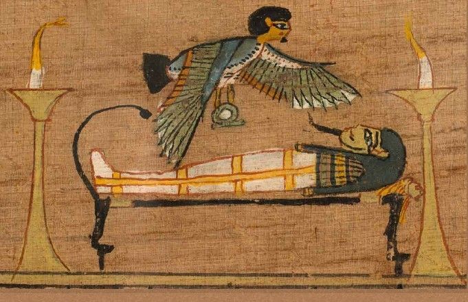 Vignette du Livre des Morts d'Ani représentant l'oiseau Ba à tête humaine planant au-dessus de la momie du défunt allongée sur un lit funéraire. British Museum .