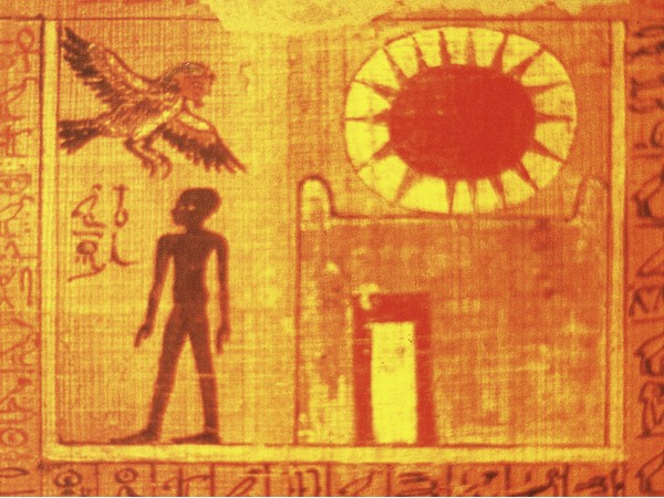 Vignette du papyrus funéraire de Neferoubenef représentant l'âme-Ba, sous la forme d'un oiseau à tête humaine, et l'Ombre (Sheout) sortant de la tombe pour renaître dans l'au-delà. Musée du Louvre.