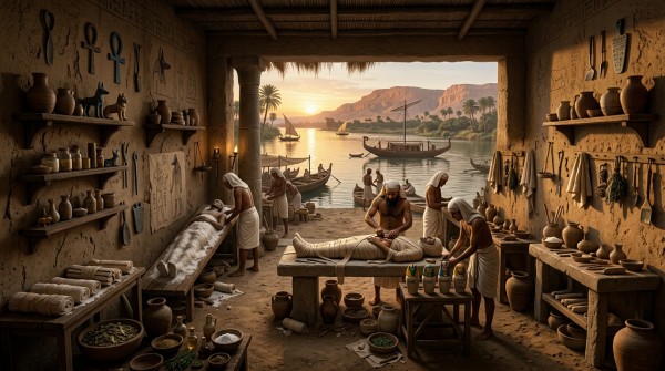 illustration et reconstitution d'un atelier d'embaumement en Egypte ancienne