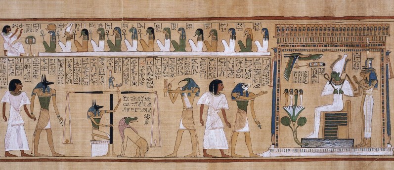 Scène du jugement des morts issue du papyrus d'Hounefer, montrant la pesée du cœur du défunt face à la plume de Maât, en présence d'Osiris, de Thot et d'Ammout – British Museum, Londres.
