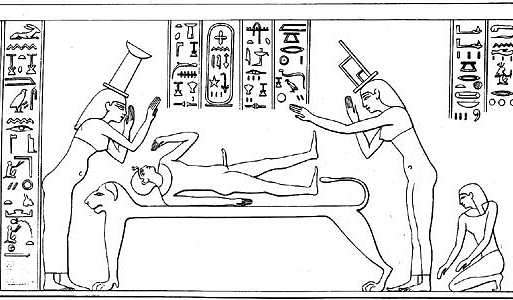 Scène des mystères d'Osiris au temple de Philae, représentant le dieu Osiris momiforme, le sexe en érection, ressuscité par les gestes magiques d'Isis et Nephtys.