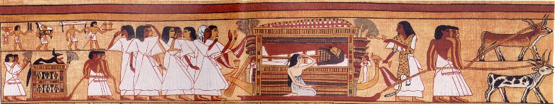 Vignette du Papyrus d'Ani (feuillet 5) représentant le cortège funèbre du défunt se dirigeant vers sa tombe, tiré par deux paires de bœufs précédés d'un prêtre officiant, sous les lamentations des pleureuses.