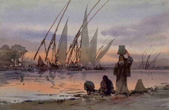 Peinture gouache représentant deux felouques à voile blanche glissant sur le Nil au coucher du soleil, avec des rives désertiques et des palmiers en arrière-plan et des femmes égyptiennes au premier plan, portant vêtements traditionnels ainsi qu'une cruche d'eau sur la tête