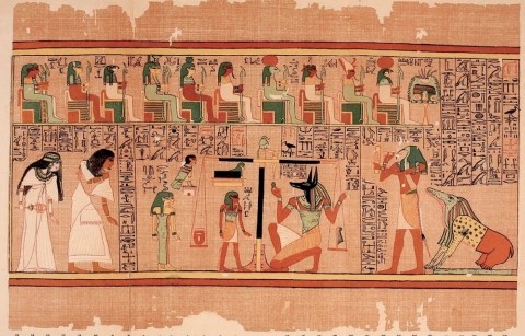 Frontispice en couleurs de l'édition de 1898 du Livre des Morts traduit par E. A. Wallis Budge, représentant la scène du jugement d'Ani devant Osiris, avec la pesée du cœur.